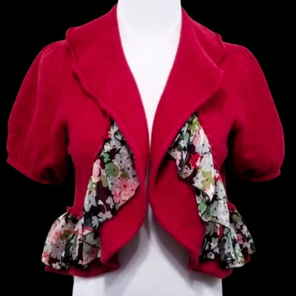 Anthropology knitted & knotted red wool shrug floral silk accent Women's size m